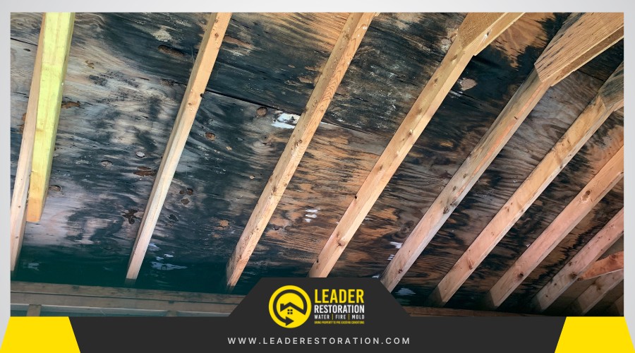Attic wooden beams with black mold near roof