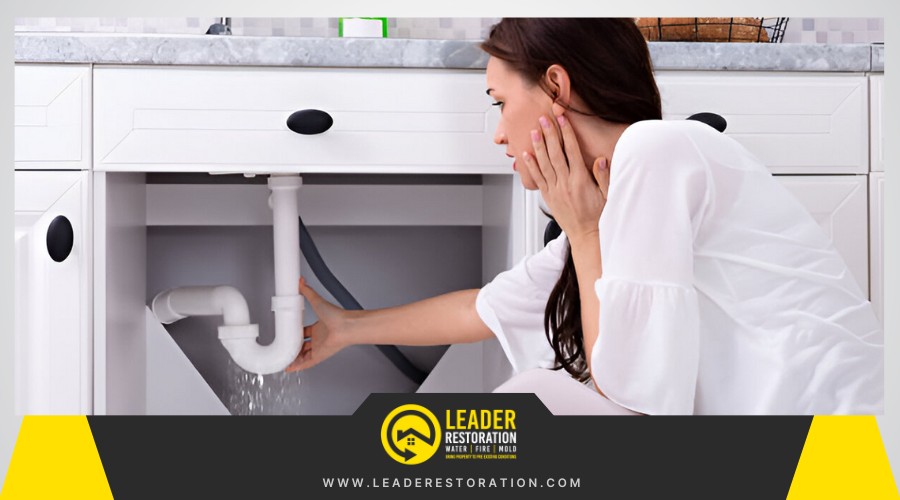 Leaky kitchen sink causing water damage under cabinet