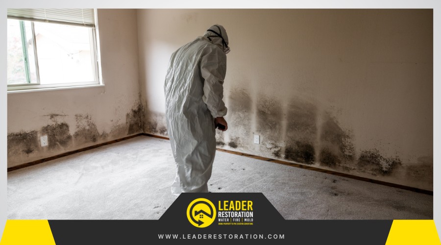 Professional mold remediation team in protective gear cleaning moldy wall