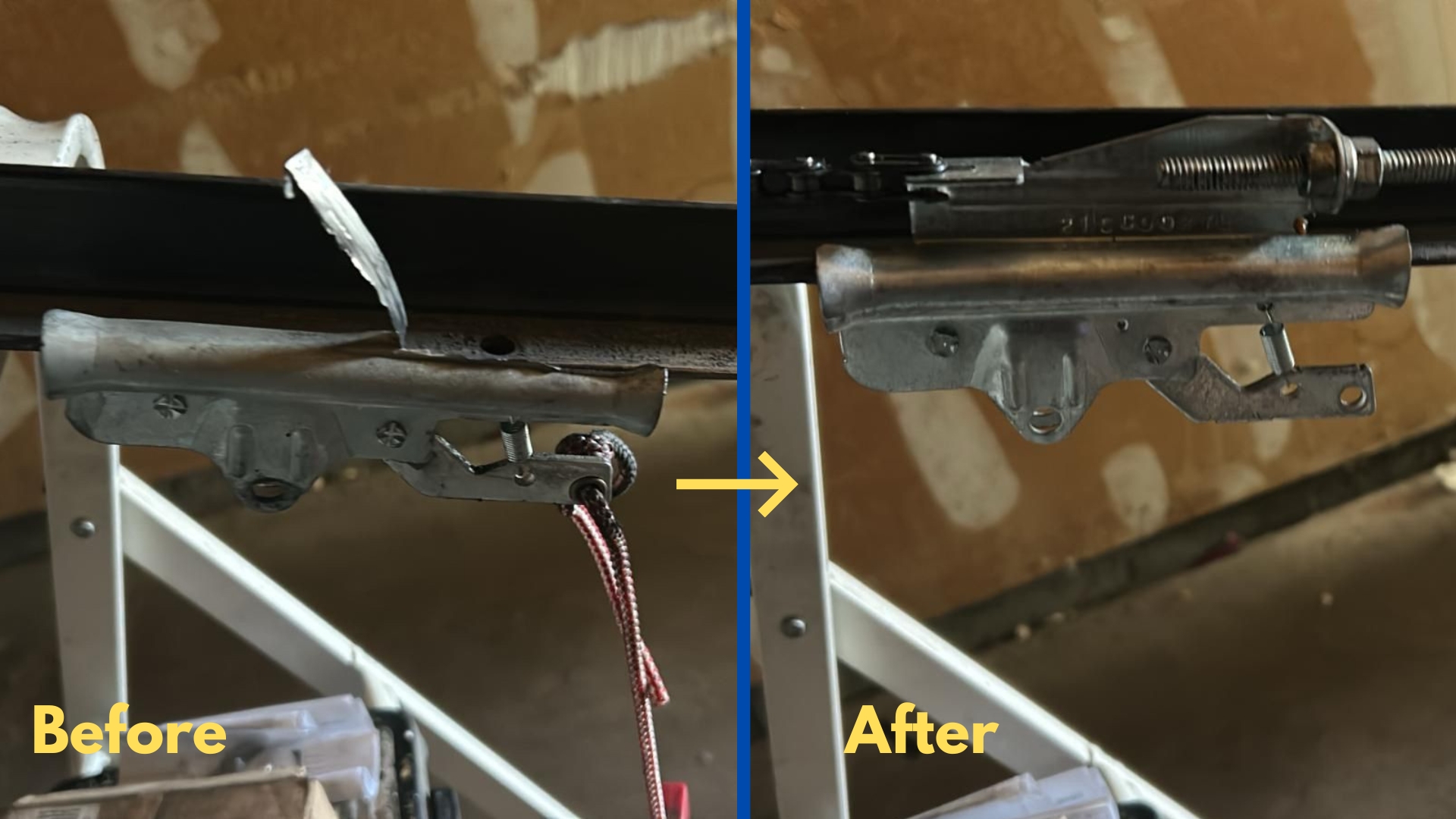 Before and after view of a garage door opener trolley repair, showing a damaged trolley component replaced with a properly installed new mechanism.