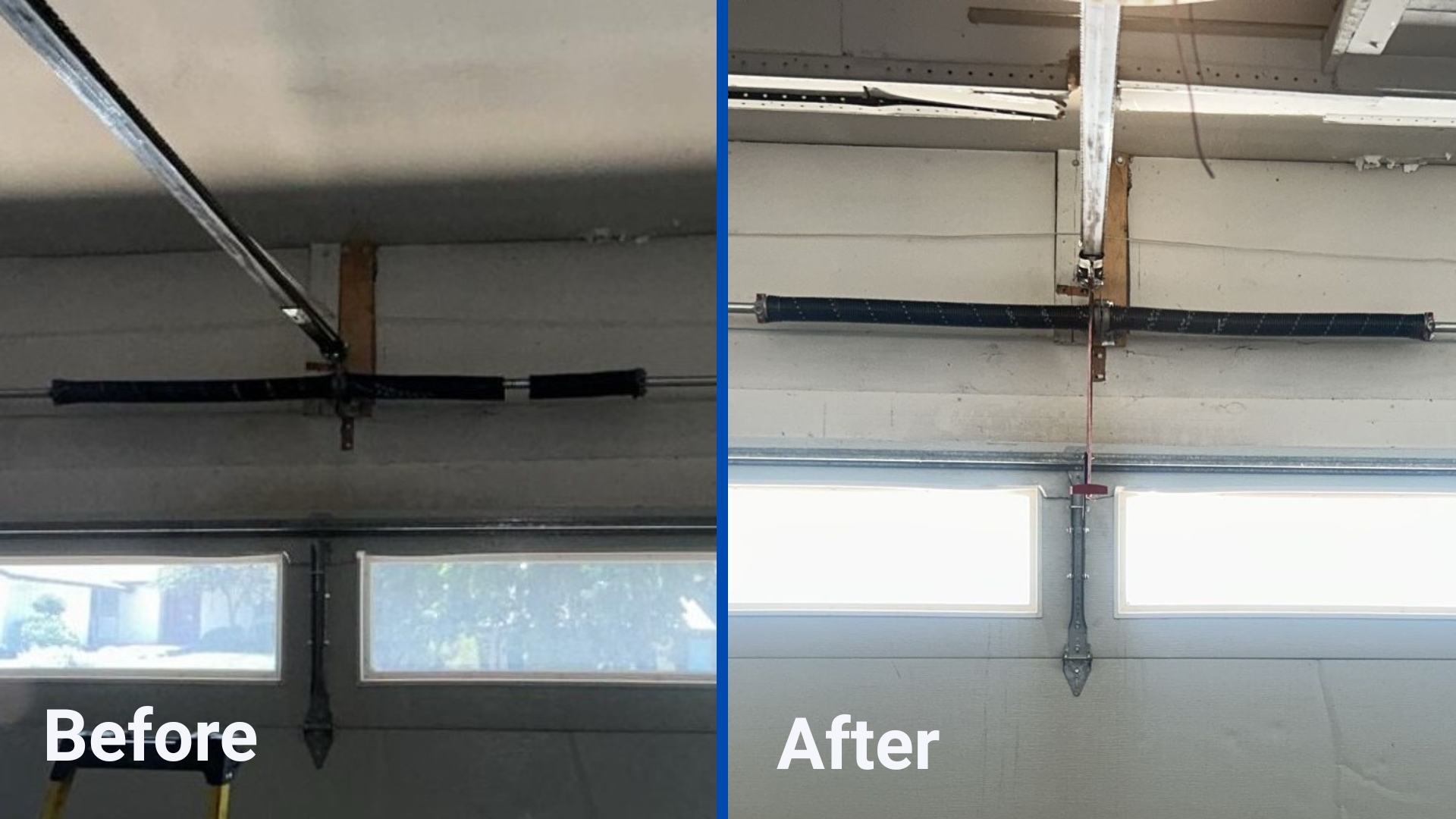 Before-and-after view of a garage door spring replacement service, showing the old torsion spring on the left and the newly installed, properly aligned spring system on the right.