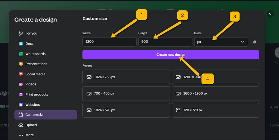Canva Create New Design custom size